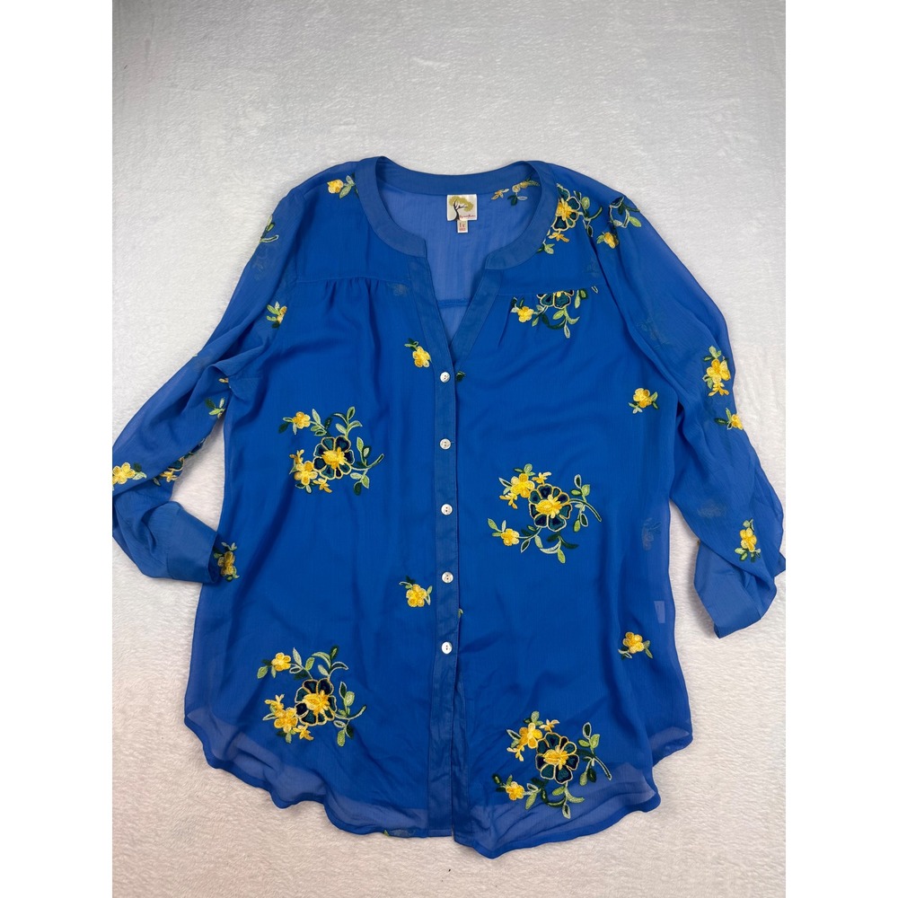 Fig and Flower Blue Floral Embroidered Button Front Blouse 1X Boho Chiffon Top